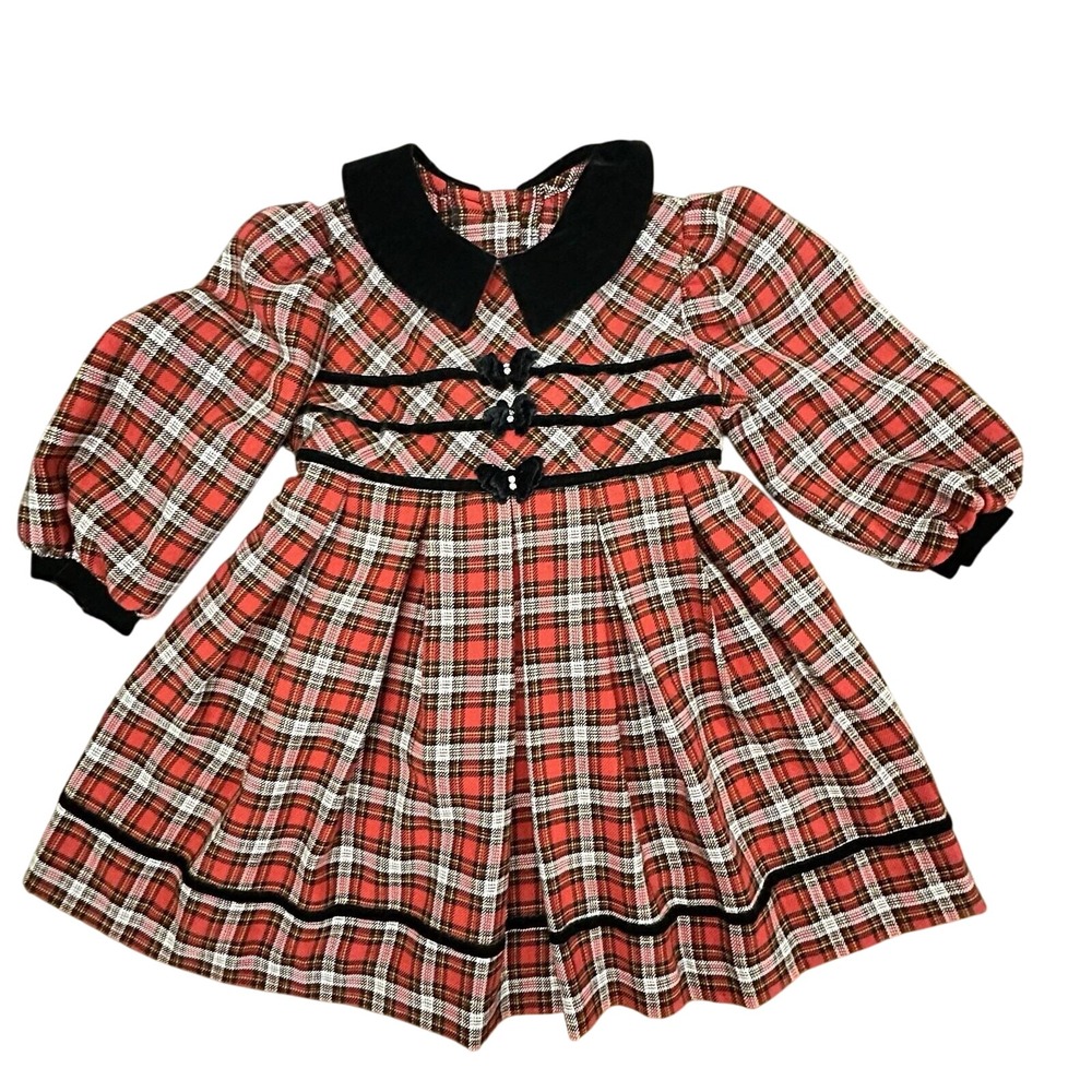 VTG Bonnie Jean Girls Long Sleeve  Plaid Dress Size 3T Bows